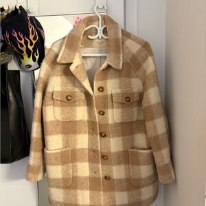 Sezane Checkered Tan and Cream Teddy Jacket